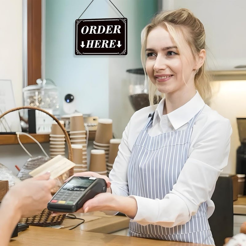 LUHIMO 1Pack Order Here Pick Up Here Signs, Double-Sided Durable PVC Modern Order Here with Arrow Hanging Sign for Restaurant, Cafes, Bakery, Ice Cream Stand And Bars Counter - Image 5